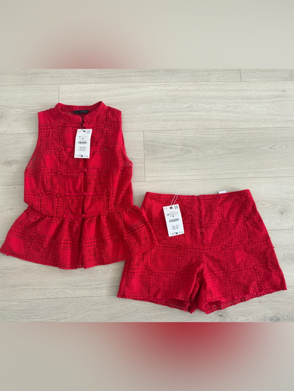 NWT Zara Red Guipure Lace Vest Top & Shorts Matching Set M